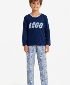 Conjunto longo masculino infantil em malha PV azul estampado
