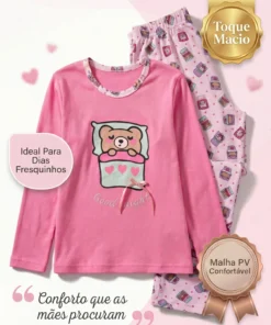 Conjunto Inverno Infantil Feminino em Malha PV Blusa lisa Calça Estampada - Imagem 5