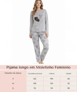 Pijama Feminino Inverno Manga Longa Estampa De Coração Cinza - Imagem 10