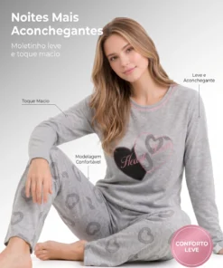 Pijama Feminino Inverno Manga Longa Estampa De Coração Cinza - Imagem 3