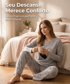 Pijama Feminino Inverno Manga Longa Estampa De Coração Cinza - Imagem 4