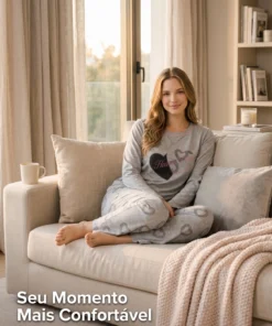 Pijama Feminino Inverno Manga Longa Estampa De Coração Cinza - Imagem 5