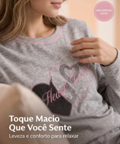 Pijama Feminino Inverno Manga Longa Estampa De Coração Cinza - Imagem 6