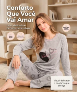 Pijama Feminino Inverno Manga Longa Estampa De Coração Cinza - Imagem 8