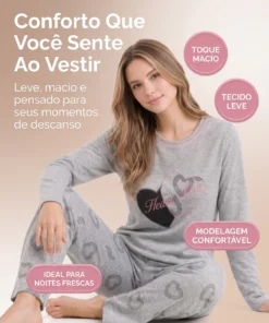 Pijama Feminino Inverno Manga Longa Estampa De Coração Cinza - Imagem 9