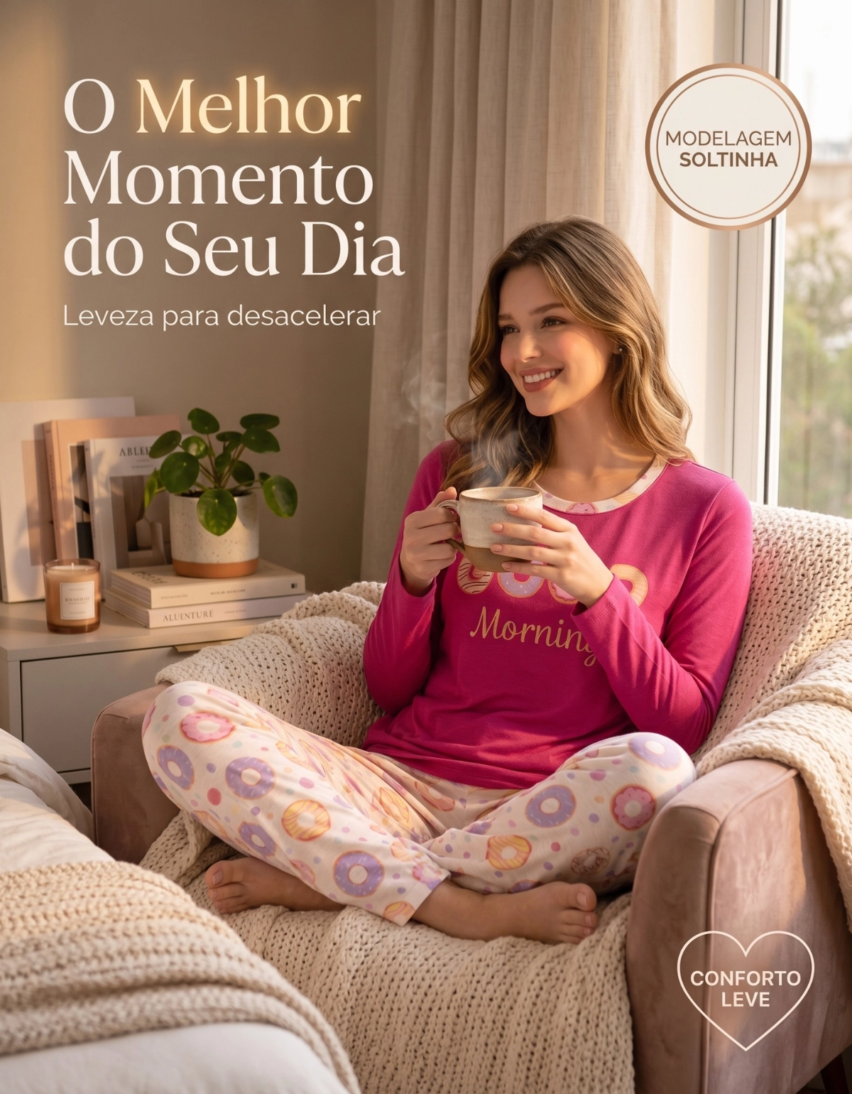 Conjunto Feminino Longo Em Malha Pv Donuts Good Morning - Imagem 3