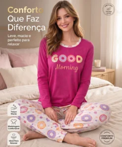 Conjunto Feminino Longo Em Malha Pv Donuts Good Morning - Imagem 5
