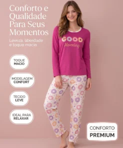 Conjunto Feminino Longo Em Malha Pv Donuts Good Morning - Imagem 6