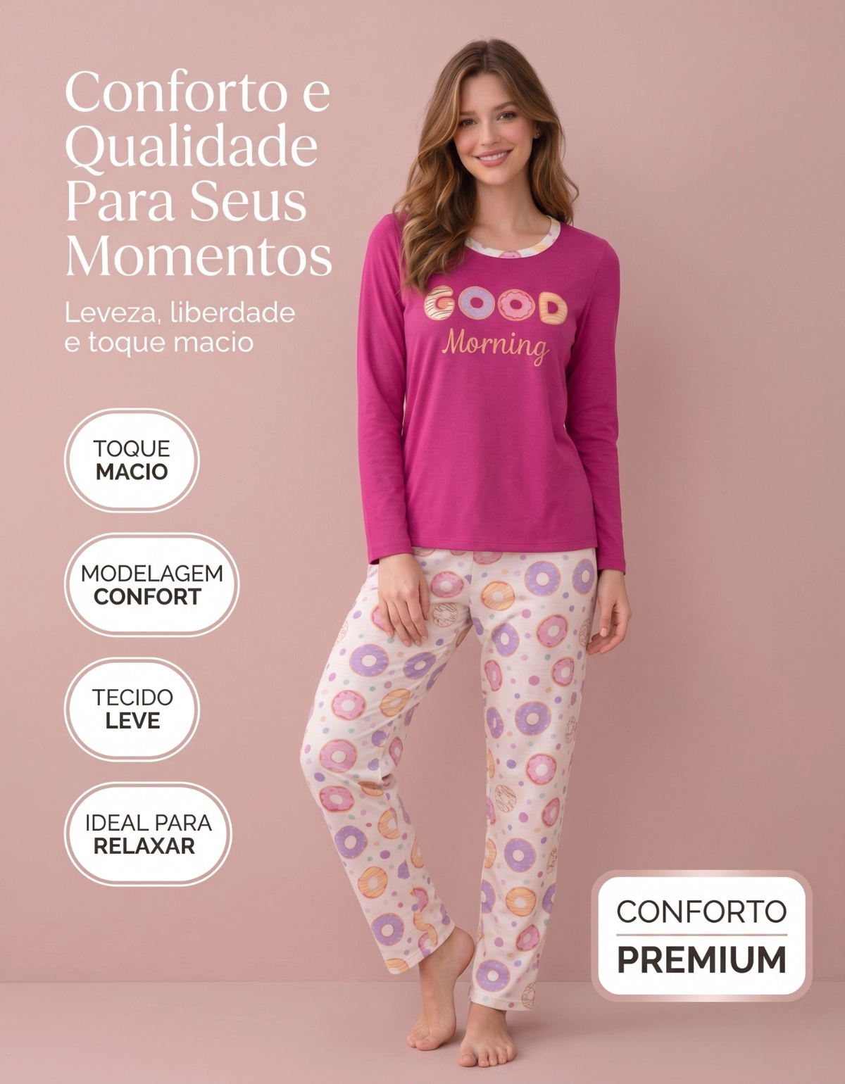 Conjunto Feminino Longo Em Malha Pv Donuts Good Morning - Imagem 6
