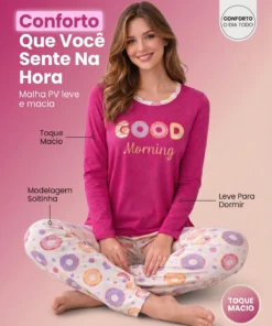 Conjunto Feminino Longo Em Malha Pv Donuts Good Morning - Imagem 7