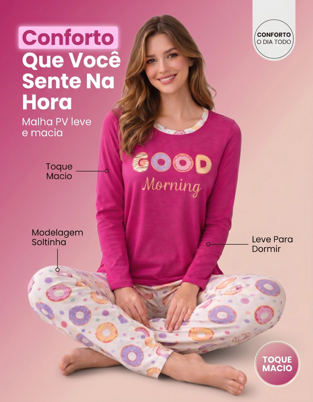 Conjunto Feminino Longo Em Malha Pv Donuts Good Morning - Imagem 7
