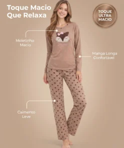 Conjunto Feminino Adulto Em Moletinho Com Bordado De Raposa - Imagem 3