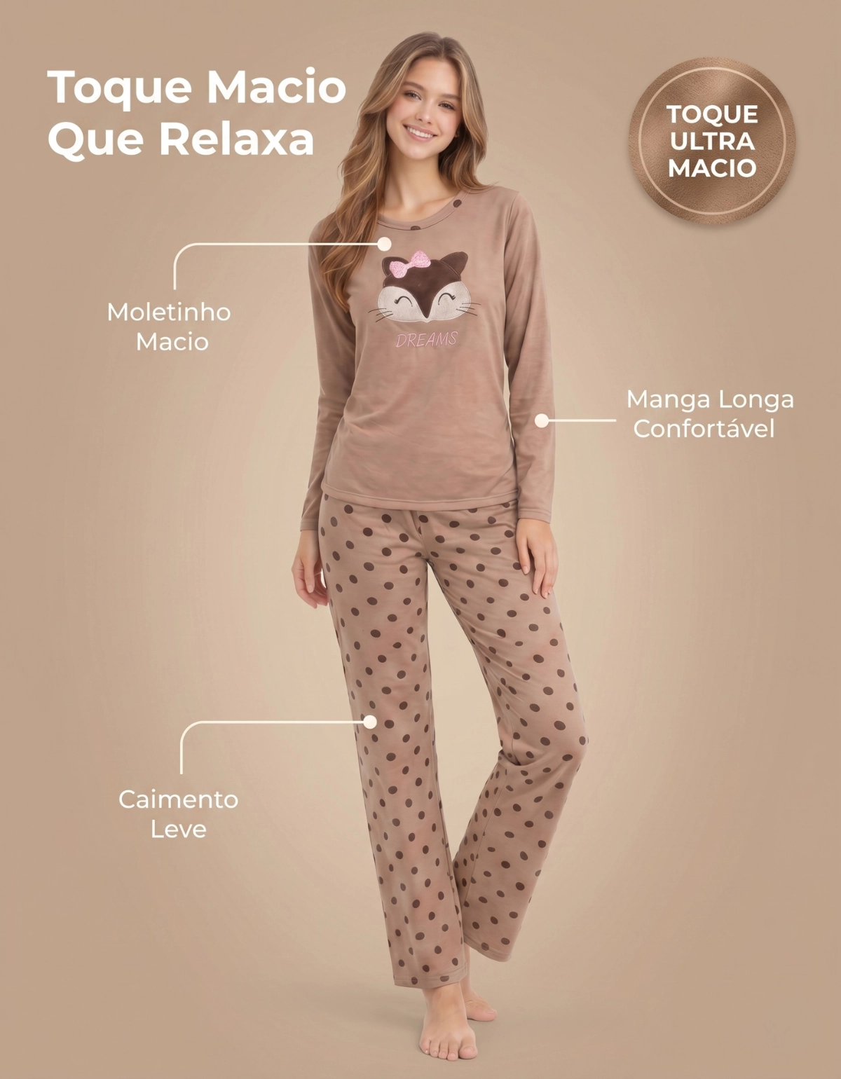 Conjunto Feminino Adulto Em Moletinho Com Bordado De Raposa - Imagem 3
